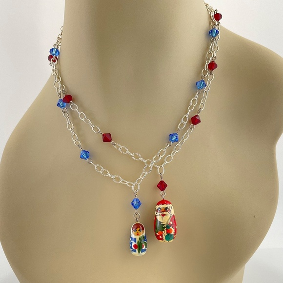 Blue Matryoshka Pendant Necklace, Russian Doll Pendant with Swarovski Crystals - Picture 13 of 14